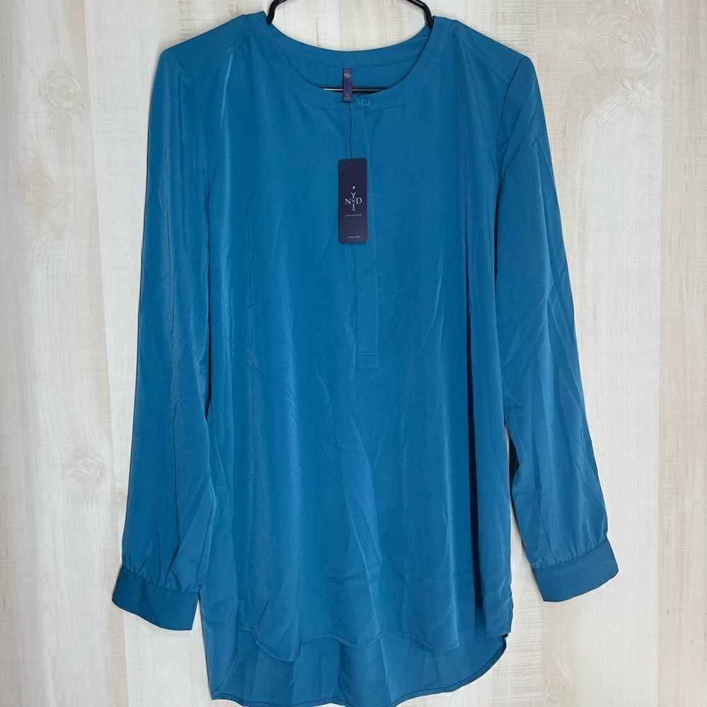 NYDJ blue teal tunic top long sleeve, size small NWT